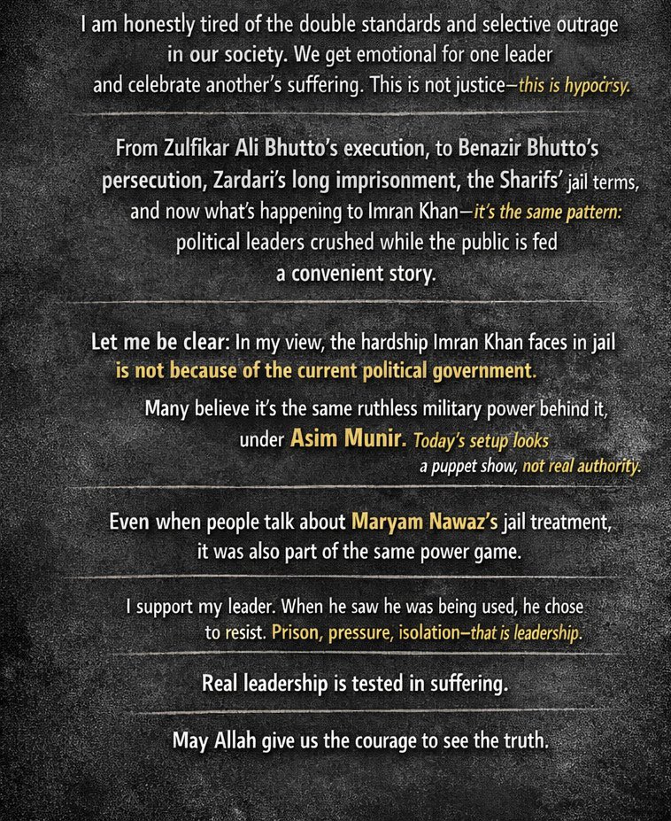 Tyranny has consequences. Accountability and karma will follow. #Justice #Karma #Accountability 
#ImranKhan #Bhutto #Zardari #SharifFamily #MilitaryInfluence  #Courage #PakistaniVoices #PoliticalJustice #TruthMatters