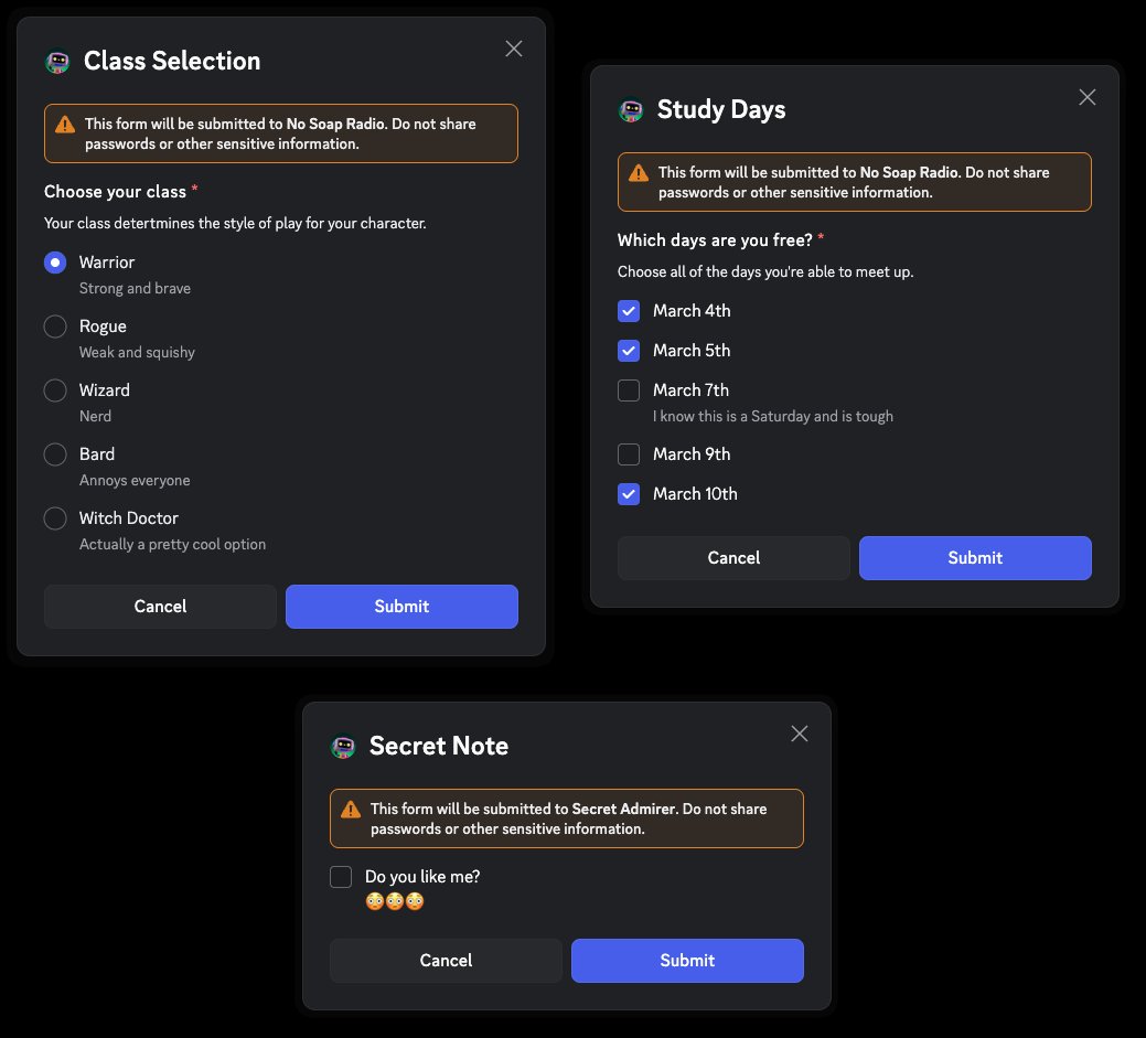 I've added more components to bot modals on Discord! you can now use radio buttons and checkboxes for cleaner UI.