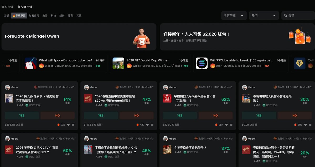 CryptoPilot3226's tweet image. 币圈行情冷淡，不如转战预测市场。春节将至，ForeGate为大家送上大礼包！@fore_gate
5,000USDT空投，等你来抢🎁 

ForeGate特别推出中国春节专属预测市场，超有趣的春晚话题等你来交易：今年春晚会不会现场包饺子？航天员会在春晚连线唱歌吗？春晚会不会诞生$30M级别的爆款meme...