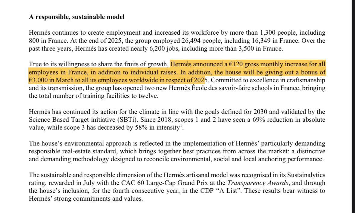 sxicex's tweet image. ที่น่าสนใจ คือ Hermes ให้เงินโบนัส 3,000 ยูโร (ประมาณ 117,000 บาท) ให้พนักงาน "ทุกคนทั่วโลก" ในเดือนมีนาคมนี้ เพื่อตอบแทนผลงานในปี 2025

พนักงานในฝรั่งเศส: ได้ปรับเงินเดือน 120 ยูโรต่อเดือน นอกเหนือจากปรับเงินเดือนรายปีตามปกติ

เหมือน Profit Sharing ให้พนงรู้สึกมีส่วนในกำไรด้วย