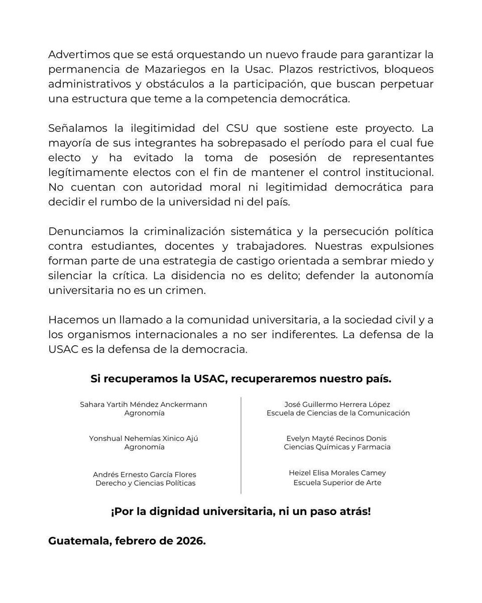 “Estudiantes expulsados de la USAC en Resistencia” denuncian ilegitimidad del CSU

El colectivo de “Estudiantes expulsados de la USAC en Resistencia” denunciaron la “eminente” designación de Leyla Lemus y Consuelo Porras como magistradas de la Corte de Constitucionalidad con el