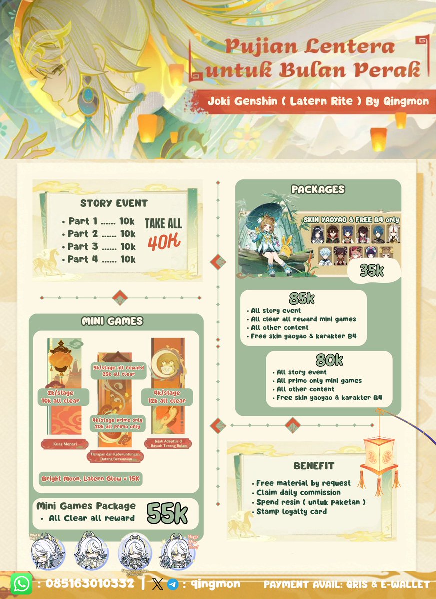 Hiii Traveler! Genshin enjoyer 😻

Mongie bawain diskon joki sampai 30% loh! Grab your voucher before 20 Februari ends 😋💚

Avail semua jokian termasuk event
🏮Latern Rite yang bisa diskon yaaa 
( TnC cek alt ) ! Benefit nya juga banyak loh 🧚‍♂️🍃

#zonauang #jokigenshin