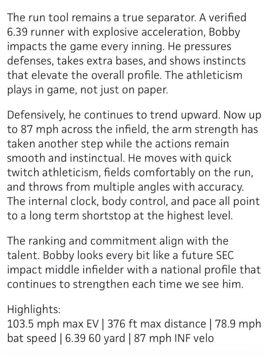 PrepBaseballAZ's tweet photo. #𝗔𝗭𝗣𝗔𝗦𝟮𝟲 𝗨𝗽𝗽𝗲𝗿𝗰𝗹𝗮𝘀𝘀 🏜️
Bobby Villa III, 2027 SS, Liberty HS
@rvilla_9 @LibertyLionsBB 
@AlabamaBSB commit
State Rank: 1 | Overall Rank: 53

The premier player in Arizona’s 2027 class continues to look the part every time out. Bobby backs up the ranking with polish, production, and true impact tools on both sides of the ball. A complete middle infielder with national presence and SEC upside.

Impact Metrics

⚡️ Power
• 103.5 mph max EV
• 376 ft max distance

⚡️ Bat Speed
• 78.9 mph bat speed
• 22.4 mph hand speed

⚡️ Run Tool
• 6.39 60 yard

⚡️ Defense
• 87 mph INF velo

Switch hitter with compact, repeatable actions from both sides. Advanced barrel feel, controls at bats, and competes with maturity beyond his years. The run tool changes innings, and the arm strength continues to trend upward while the actions stay smooth and instinctual.

Future SEC impact shortstop with a national profile that keeps getting louder.

@ShooterHunt | @TweetTonyT 

#BeSeen #PrepBaseball #PrepBaseballAZ