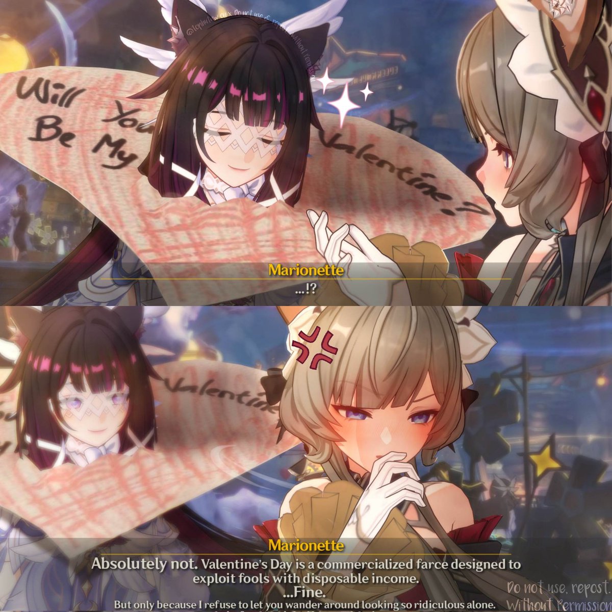 "Will you be my valentine?"

#Sandbina #Sandrone #Columbina