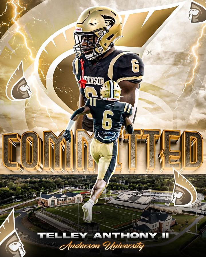 Telley__6A's tweet photo. #AGTG Blessed to Commit to  Anderson University 
THANK YOU JESUS. Go Trojans Let’s Work🖤💛
@AUTrojansFB @bobby_lamb @_CoachTBell  @_lew59 @CoachAHiggins_ @BradLester1 @RecruitGeorgia @coachmurph62 @RecruitNE_GA @CoachDaniels06 @PCStormFootball @johnruss07 @wr_james @coachmurph62 @theothercoachO