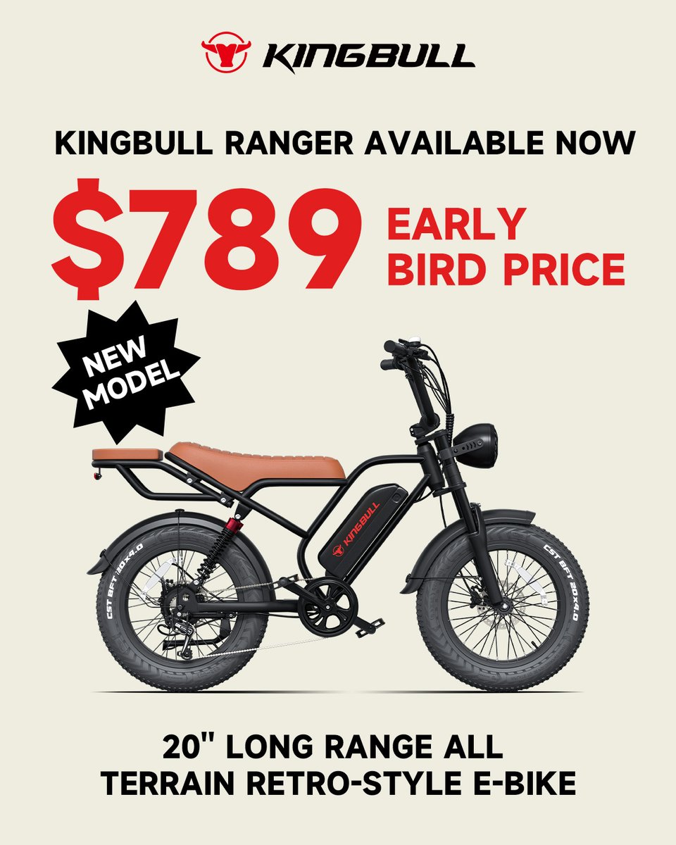 kingbullbike's tweet photo. Ranger pre-sale starts now, enjoy the early bird price $789 to start your 2026 ride!
Time is limited, don't miss the great offer: https://t.co/t6AcjFpyfw
#kingbullbike #ebikeride #facethewind #newarrival #ranger https://t.co/XJDbxoh5HT
