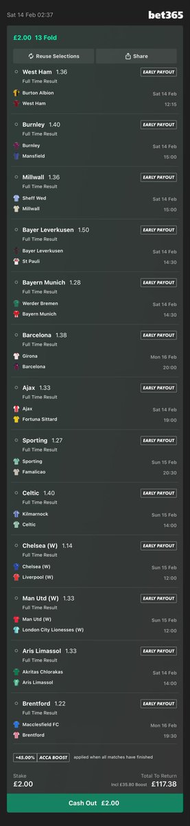 OneOffBets's tweet image. Weekend  Acca

13 fold

Add To Your Bet Slip - bet365.com/s/r/yDfcH