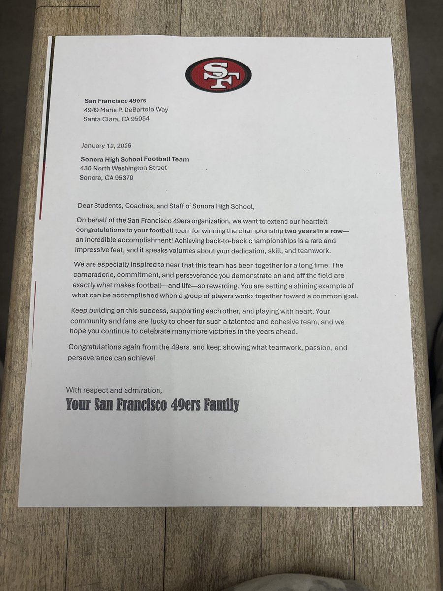 NolanAnderson73's tweet photo. Honored to be part of the @SonoraHigh Football team being recognized by @49ers for our back to back state championships. 

@TVLfootball https://t.co/rZZikWR6lH