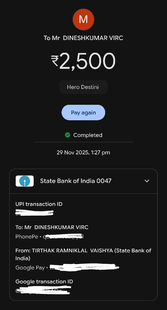 Tirthak49's tweet photo. I have booked a  scooter Destini 125 ZX Pearl Blue from Hero Vikas Motor's 
Diu - Una Rd, Naliya Mandvi, Gujarat 362510
Till date I have not received a scooter.
Already 75 days have completed.
@heromotocorp please look 🥺 into it. https://t.co/ElvtI4kJhb