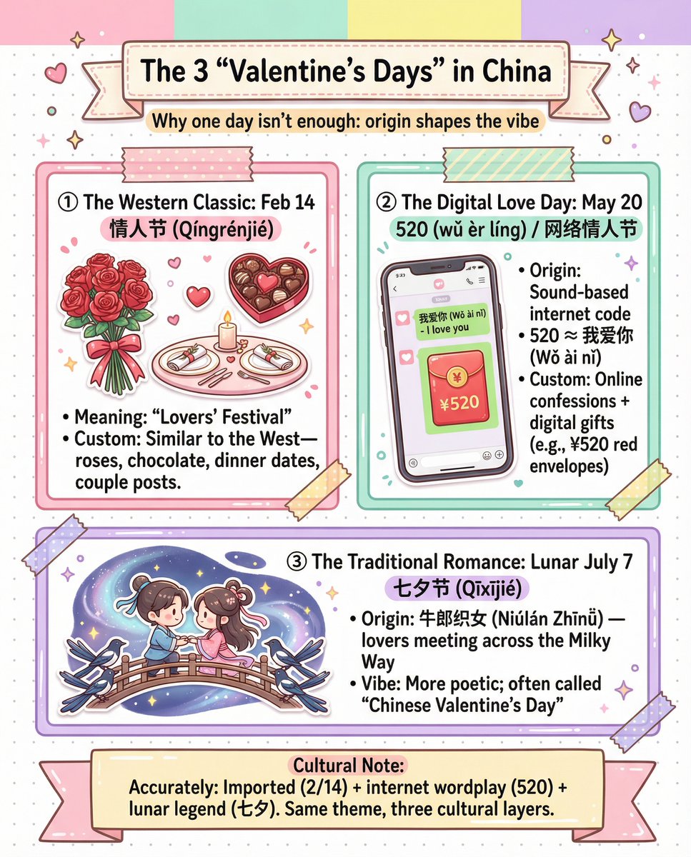 Valentine’s Day in China: one day is not enough 💖

There are three “romance days” and each one hits differently.
Check out the guide to see how each one has its own unique vibe✨