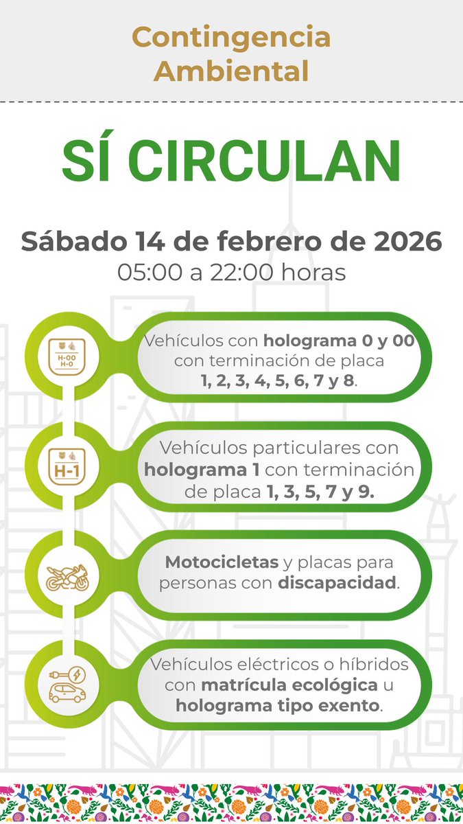 locatel_mx's tweet photo. 📢 Atención CDMX
Este sábado 14 de febrero de 2026 continúa la Contingencia Ambiental. 
Conoce las disposiciones y acciones a seguir en el siguiente enlace:
👉https://t.co/worp6QhWKt
Infórmate y toma previsiones.
#CDMX #CalidadDelAire https://t.co/X2AZjMkdKY