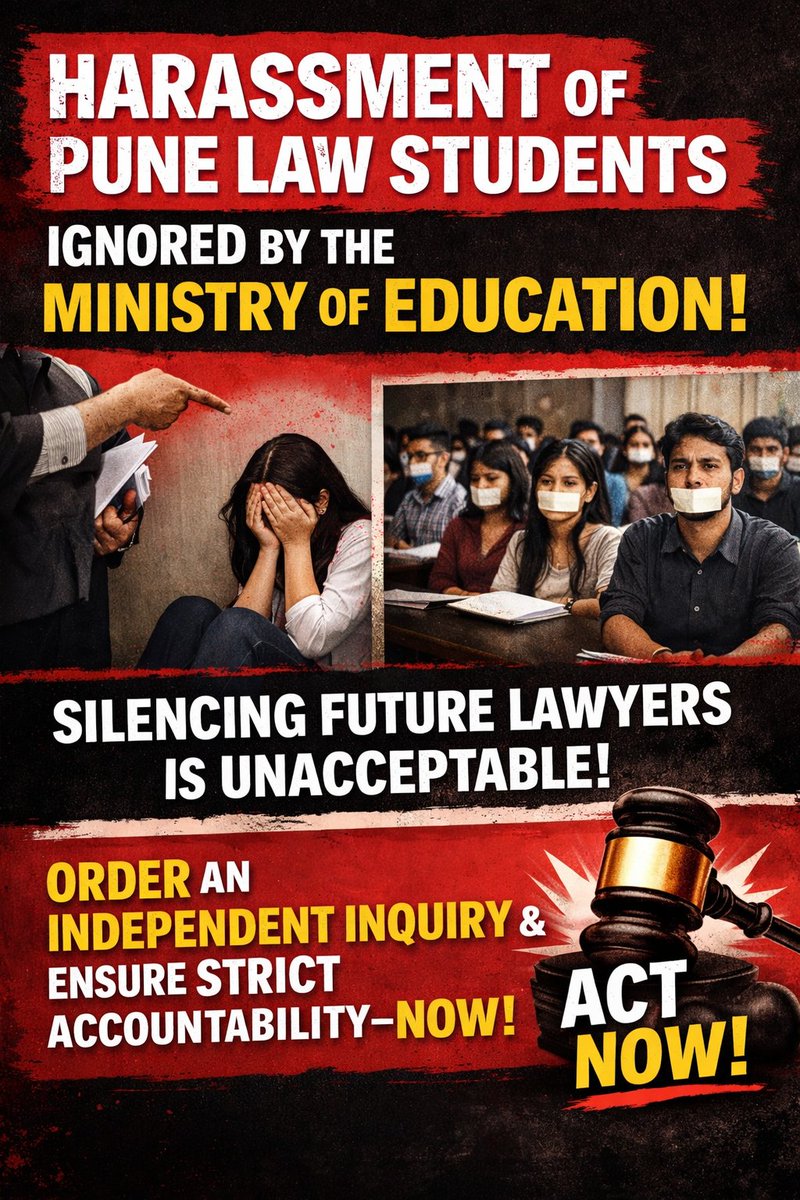 CGaneshpune's tweet image. Law colleges in Pune city harassing students.

The continued silence of the Ministry of Education sends a dangerous message that student voices don’t matter.

DSEHE/E/2025/0015187 
DSEHE/E/2025/0015132

@India_NHRC @UN @ugc_india @EduMinOfIndia @timesofindia @IndianExpress