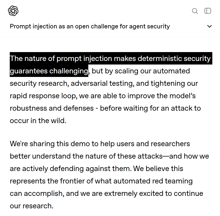 OpenClawが過熱気味なので、OpenAIが2025年に出してる"プロンプト・インジェクション攻撃"に関してもう一度注意喚起しておくことは意義があるかと

『この問題の性質は厄介で、100%完璧な安全保証はしづらい』

Recklessは嫌いじゃないが、少なくともそのRiskは把握しとこう

openai.com/index/hardenin…