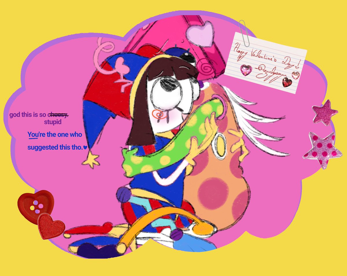 POMNIZOOBLE's tweet photo. Lovers doings (っ˘з(˘⌣˘ )
๑ #zoomni #pomnizooble #zooblepomni #jestersmatch #TADC #theamazingdigitalcircus #pomni #zooble
Happy Valentines Day !! ♡ → yes this is a repost i was embarrassed of my mistake but hey they happen https://t.co/a38iU43zYi