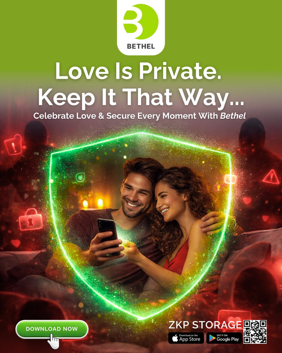 Love is private. Keep it that way...❤️

Your photos.
Your videos.
Your special moments.

Not for scanning. Not for strangers.

With Bethel ZKP Storage, even we can’t see what you store. Your data stays yours.

🔐 Celebrate love. Secure every moment.

#LoveIsPrivate #Bethel