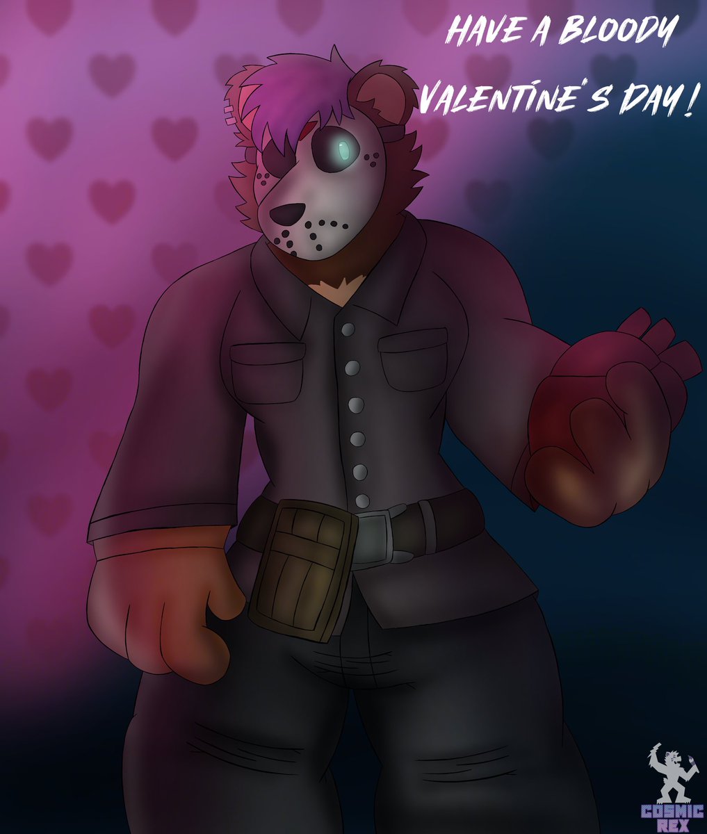 Slasher Valentine 
・‥…━━━━━━━☆☆━━━━━━━…‥・
Since Friday the 13th is right before Valentine’s Day, I decided to put things into one, so here’s Rex cosplaying as Jason Voorhees as she holds an bloody heart! Have a totally killer Valentine’s Day y’all!