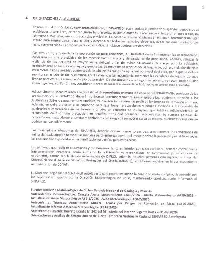 Estimad@s 

Junto con saludar, se adjunta Actualiza Alerta Temprana Preventiva por Evento Meteorológico, cobertura Provincia de El Loa y comunas de Antofagasta, Sierra Gorda, María Elena y Taltal.

Atentamente,
*Unidad Regional de Alerta Temprana SENAPRED Antofagasta*