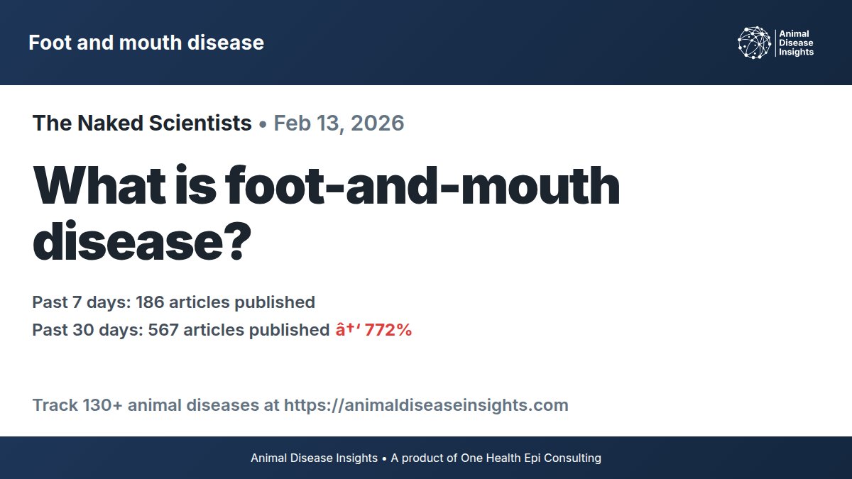 DiseaseInsights's tweet photo. Foot and mouth disease update

Read more: https://t.co/nLiQ9V5y4m

Follow for daily updates. Share to spread awareness.

#AnimalHealth #DiseaseOutbreak #OneHealth https://t.co/PCtOWB9maY