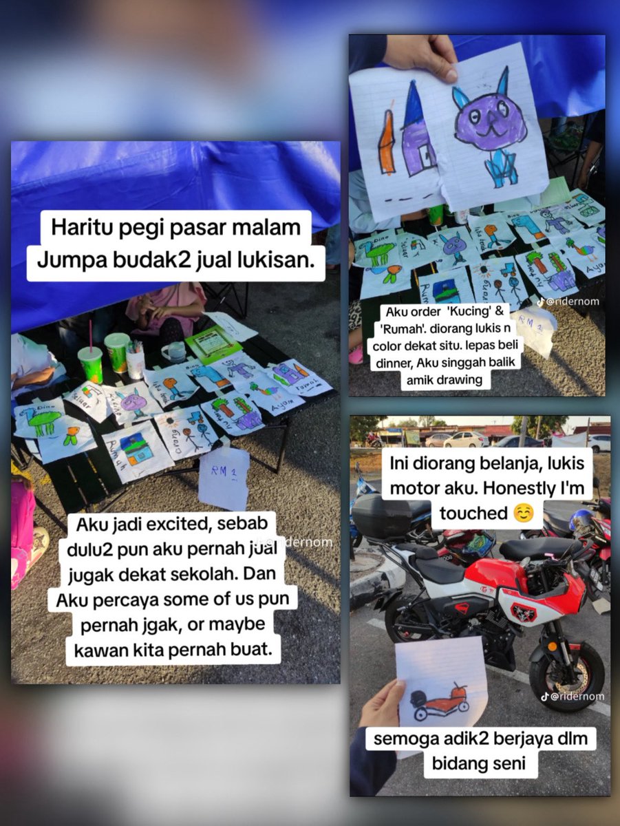 ameydeen_'s tweet photo. Jumpa Artists dekat pasar malam.

Tak terjangka akan jumpa adik-adik kecil yang menjual lukisan di pasar malam. 

Di zaman modern yang kebanyakan budak-budak asyik dengan smartphone with games or brain-rot content and semua benda nak di-Al kan. https://t.co/opUKp5fm68