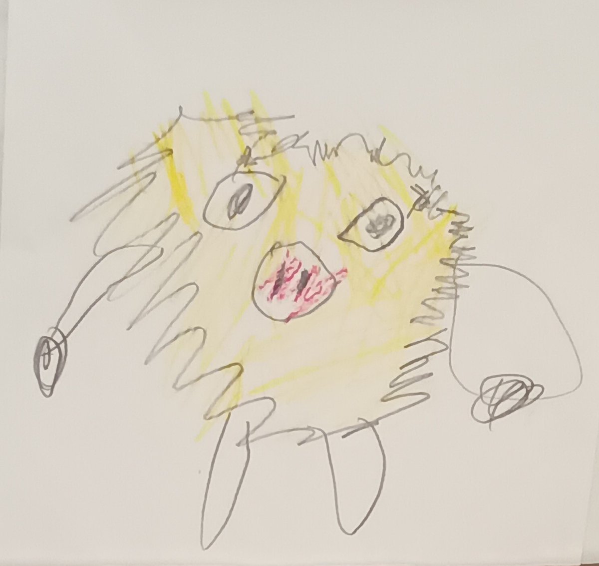 Lmoco3's tweet photo. 最近ポケモンにはまってる息子（5）が描いた絵。
なんのポケモンでしょう？

ほぼほぼ見るだけアカだけど、最近息子が描くポケモンが面白いので、だれかのところに流れてだれかが答えてくれたりしたらいいな。

#ポケモン　#ポケモンイラスト 
#いきなりクイズ https://t.co/tXfJr119ce