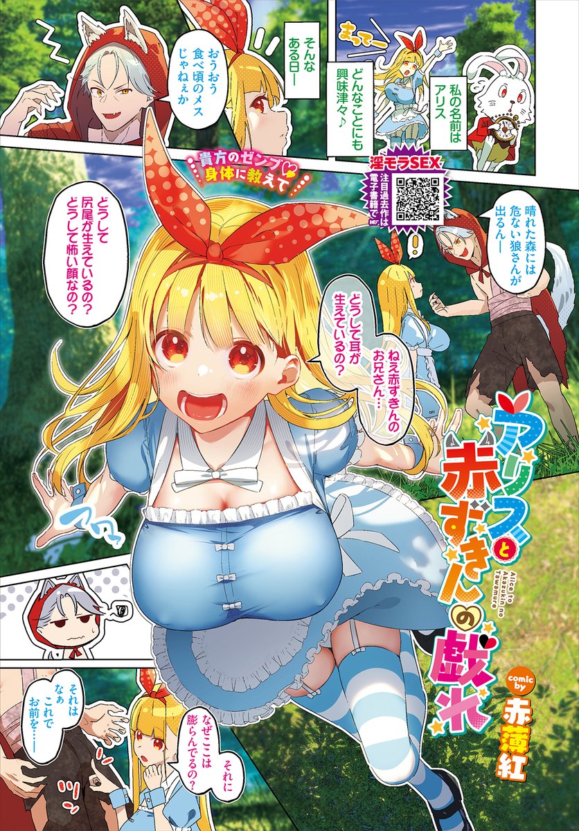 【バベル4月号作品紹介】
『アリスと赤ずきんの戯れ』赤薄紅
何ごとにも興味津々なアリスが森を歩いていると、狼と出会う。彼がアリスの身体を狙っているなど知らずに質問攻めをしていると…唐突にハメられちゃう! 衝撃的な初体験が気持ちよすぎてお漏らしまでしちゃって…? 