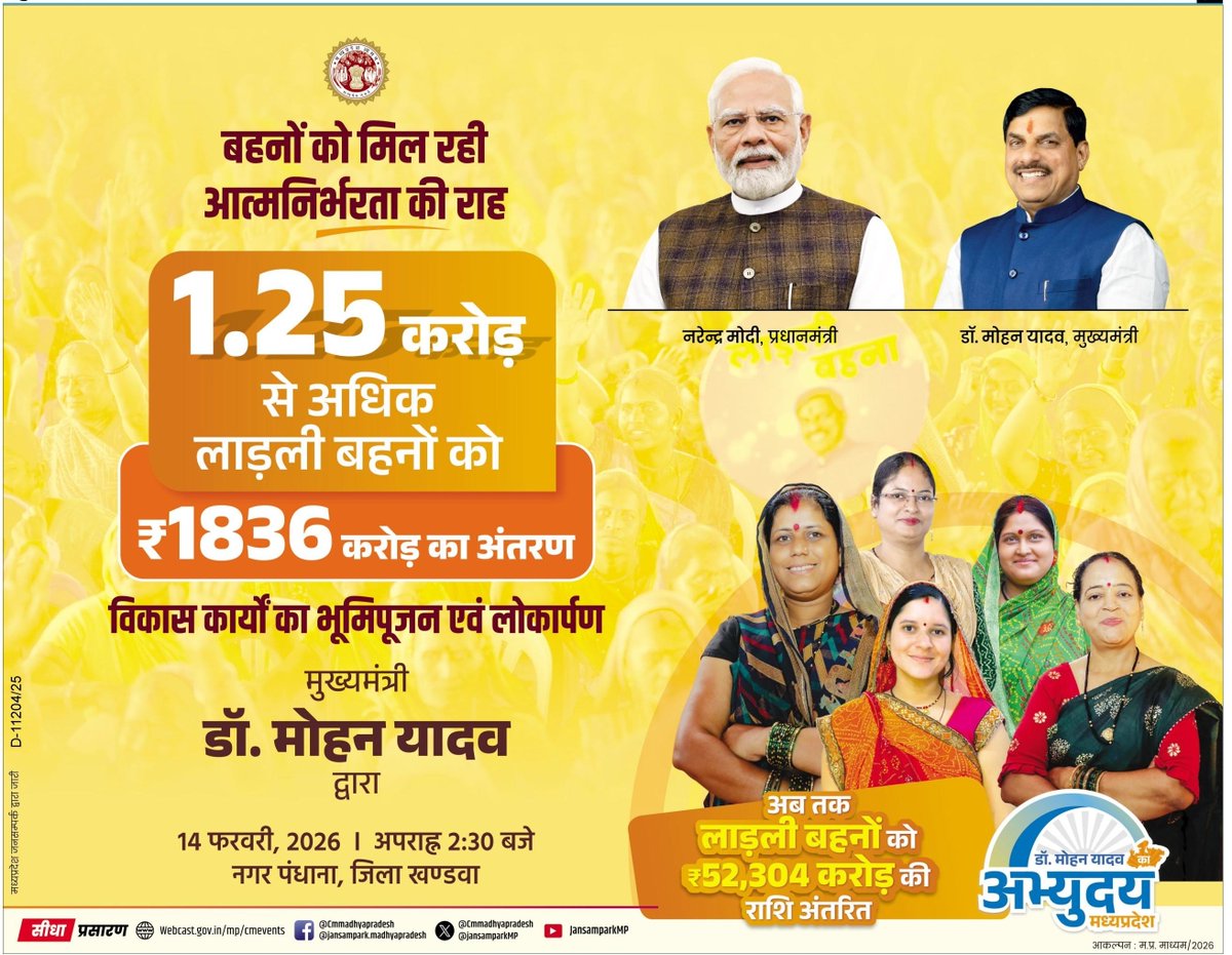 #मुख्यमंत्री_लाड़ली_बहना_योजना बनीं वरदान 
बहनों को मिल रही आत्मनिर्भरता की राह

मुख्यमंत्री डॉ. मोहन यादव द्वारा
🔹1.25 करोड़ से अधिक लाड़ली बहनों को ₹1836 करोड़ का अंतरण
🔹विकास कार्यों का भूमिपूजन एवं लोकार्पण

🗓️14 फरवरी, 2026 
🕝अपराह्न 2:30 बजे 
📍नगर पंधाना, जिला खण्डवा