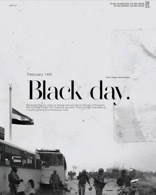 14 February 2019. We lost 40 brave CRPF jawans in the Pulwama attack. A day that shook the nation, united us in grief, and reminded us of the cost of terror.

Their sacrifice will never be forgotten. 🇮🇳
#PulwamaAttack #PulwamaAttack2019