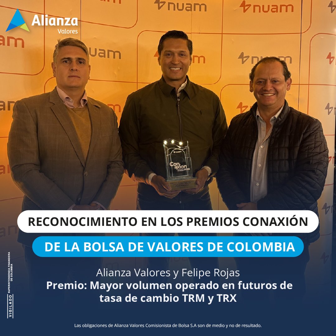 Alianza valores recibe el premio por el mayor volumen operado en Derivados de TRM en los Premios Conaxión de la <a href="/bvcColombia/">Bolsa de Valores de Colombia</a> 
Un logro que refleja confianza, disciplina y compromiso con el mercado de capitales.