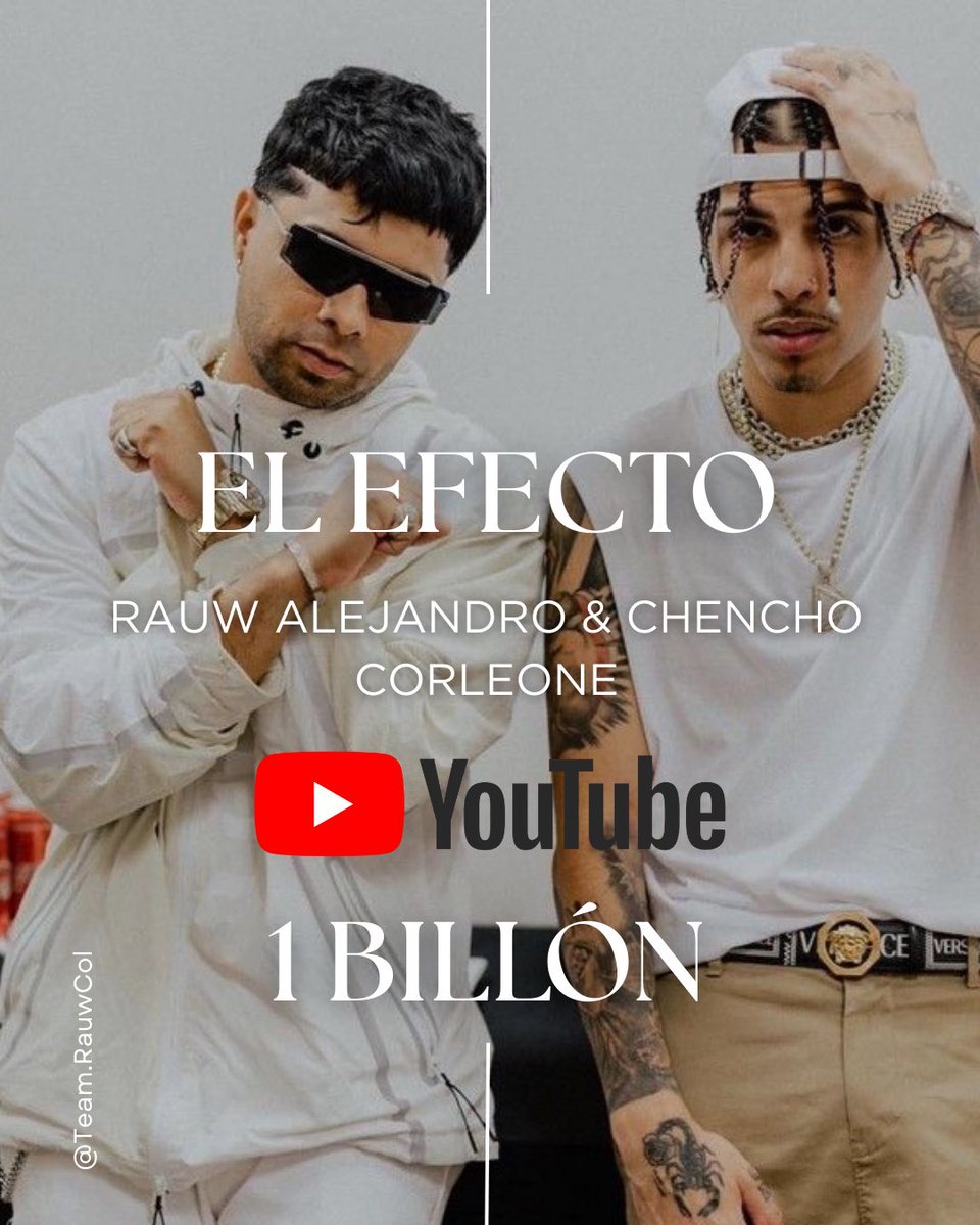 Un nuevo logro para la música de nuestro <a href="/rauwalejandro/">RAÚL</a> 🔥

El video oficial de “El Efecto” junto a Chencho Corleone, acaba de superar los 1,001,820,874 vistas en YouTube 🤯🎉 convirtiéndose en el primer video de Rauw en lograrlo en esta plataforma. 

Un himno que marcó una era,