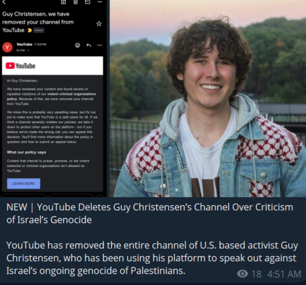 Jvnior's tweet image. 🚨 BREAKING:

YouTube just DELETED the top Pro-Palestinian voice in America “Guy Christensen” who had no prior violations.

He has never violated the terms of service once and has always been the most friendly voice.

Who will they ban next? Don’t tell me Ms. Rachel.