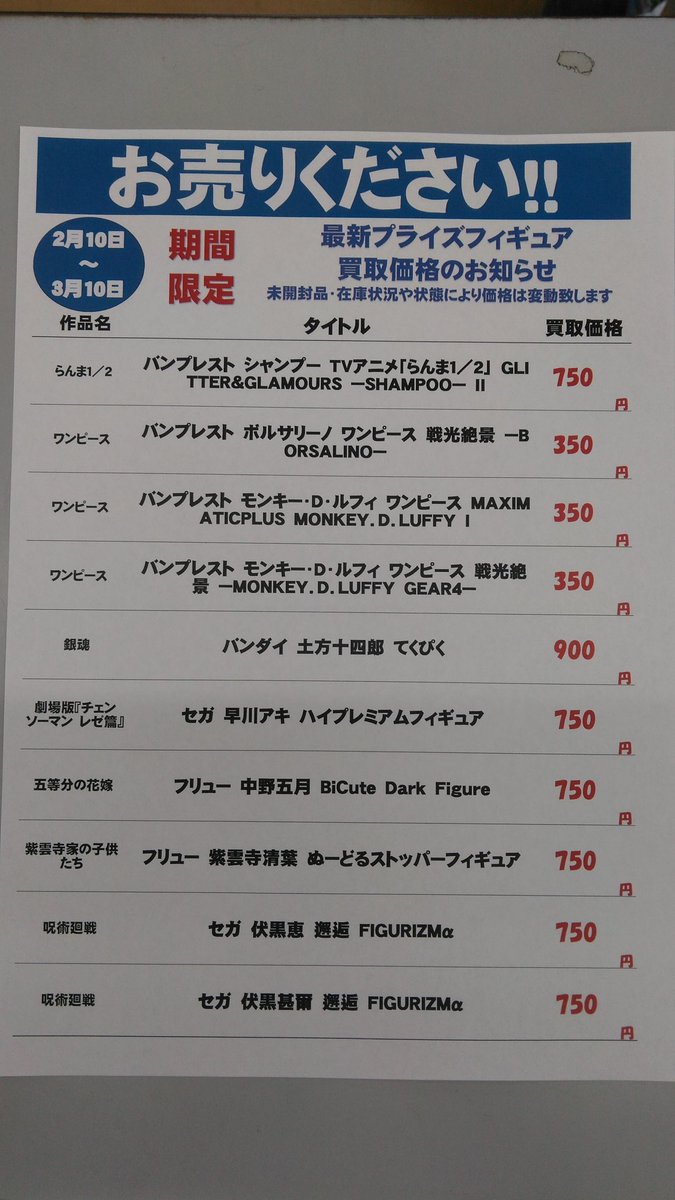 プライズフィギュア】 2/14以降の最新プライズフィギュア買取表となり
