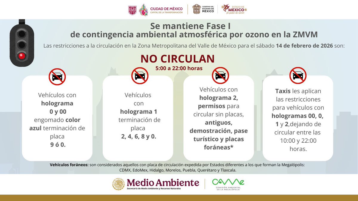 📢#QueNoSeTePase #cdmx #edomex
Por Fase 1 de #ContingenciaAmbiental en la #ZMVM, el #HoyNoCircula para el 14 de febrero de 2026 aplica para los de la imagen.

info con <a href="/locatel_mx/">@locatel_mx</a> y <a href="/AmbienteEdomex/">Medio Ambiente</a> 

Feliz día del amor y #bienestar para tu familia como decía Zedillo