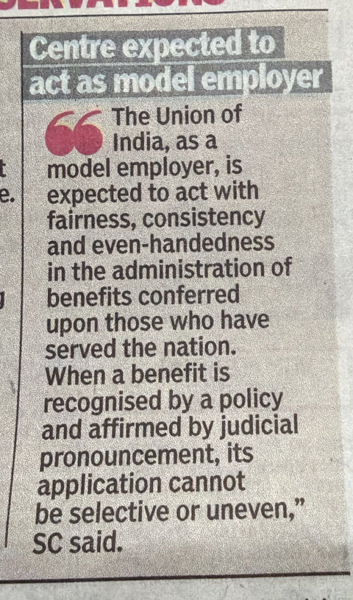 SC; “Union of India, as a model employer, is expected to act with fairness, consistency and even-handedness in the administration of benefits conferred upon those who have served the nation…”
Union of India; Hold my beer…
Brings in law to tax war wounded superannuating veterans