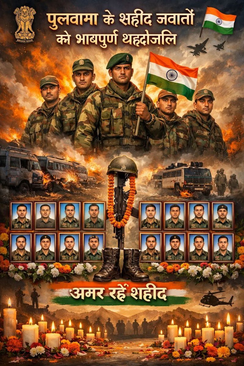 पुलवामा के कायरतापूर्ण आतंकी हमले में शहीद हुए सभी अमर वीर जवानों को विनम्र श्रद्धांजलि अर्पित करता हूँ!

माँ भारती के वीर सपूतों का अमर बलिदान हमें आतंकवाद के विरुद्ध एकजुट होकर लड़ने की प्रेरणा देता है।

जय हिंद!