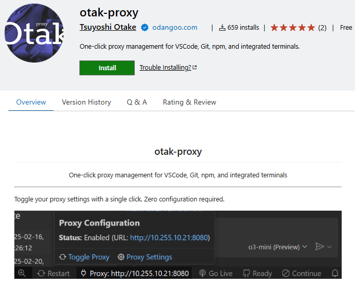 0x7c0x80386's tweet image. VS Codeのプロキシ切り替えを、ステータスバー1クリック「otak-proxy」
Off/Manual/Auto（OSプロキシ自動同期）に加えて、Git・npm・VSCodeの統合ターミナルまでまとめて反映します。#VSCode