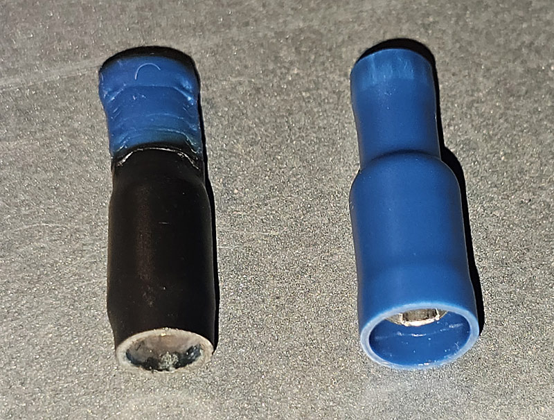 During some routine maint I discovered these connectors (24V DC ~8A peak) were not quite right.

The positive socket turned black, and shrunk to tightly fit the metal innards. I had trouble unplugging it.

Negative side also looking cooked.

Unused connector shown for reference.