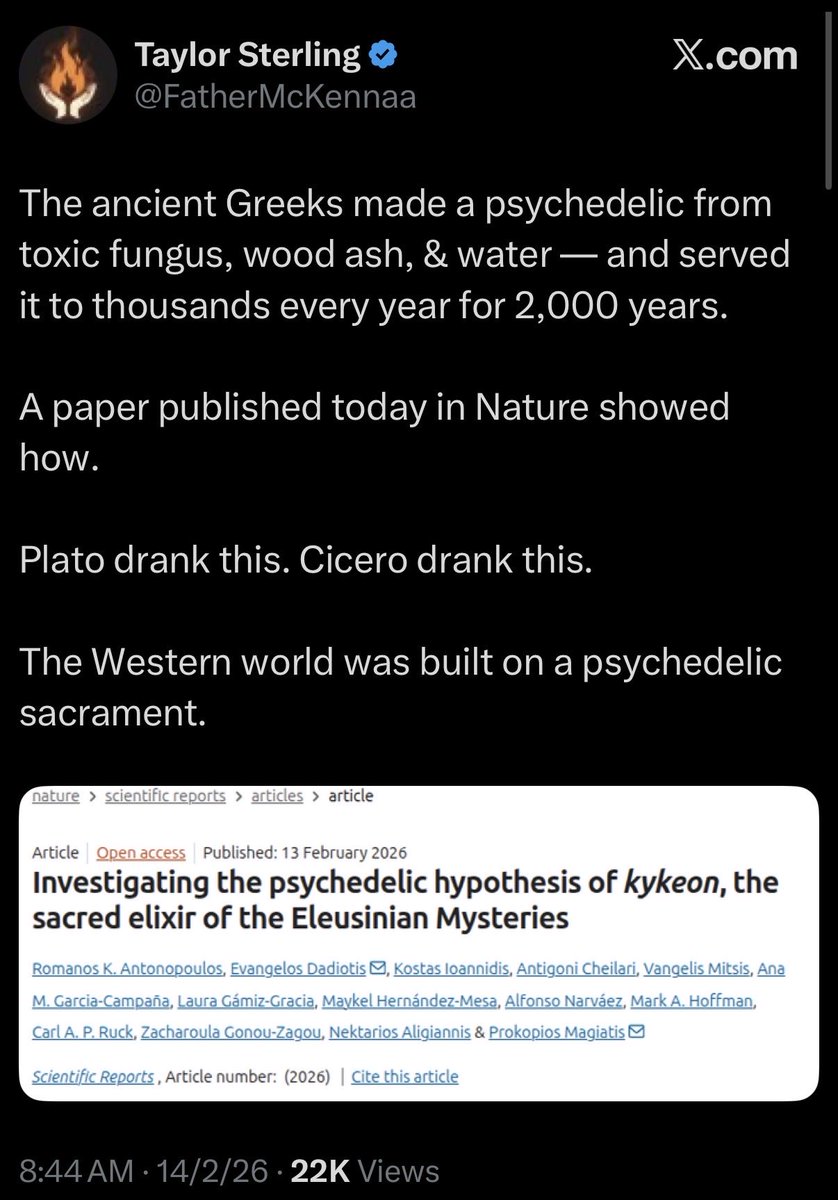 New paper shows Ancient Greeks including Plato, were ritually taking psychedelics (LSA, similar to LSD) for thousands of years. May this have boosted their intellectual openness that led to the precursors of western science? It’s not too late for EAsia…

x.com/fathermckennaa…