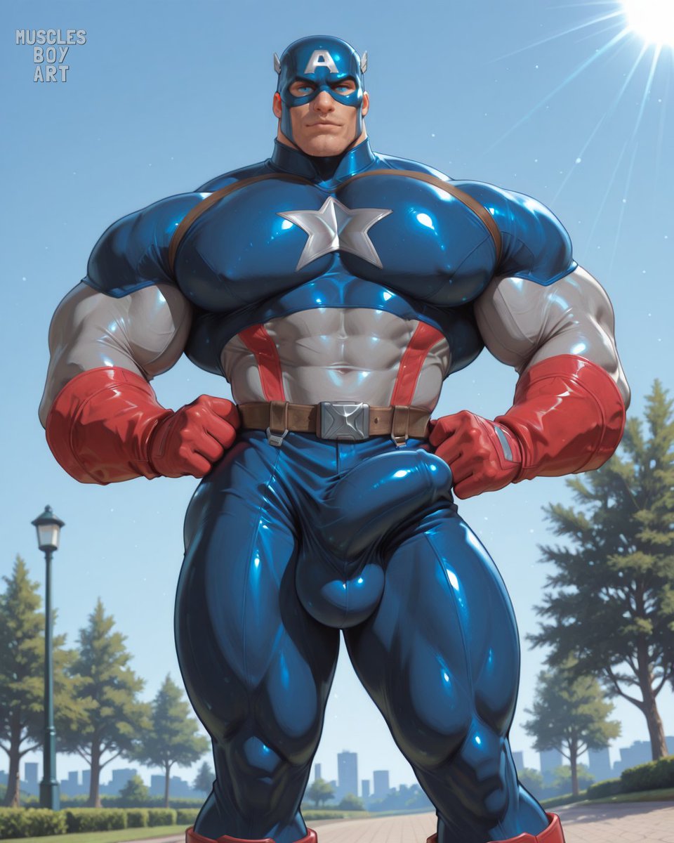 Standing tall Captain America,
Muscular and strong, oh so brave.
Bulge visible, firm and true,
In the park's quiet, I'm thinking of you.

#MusclesBoyArt #bara #captainamerica

Full set available on Patreon.