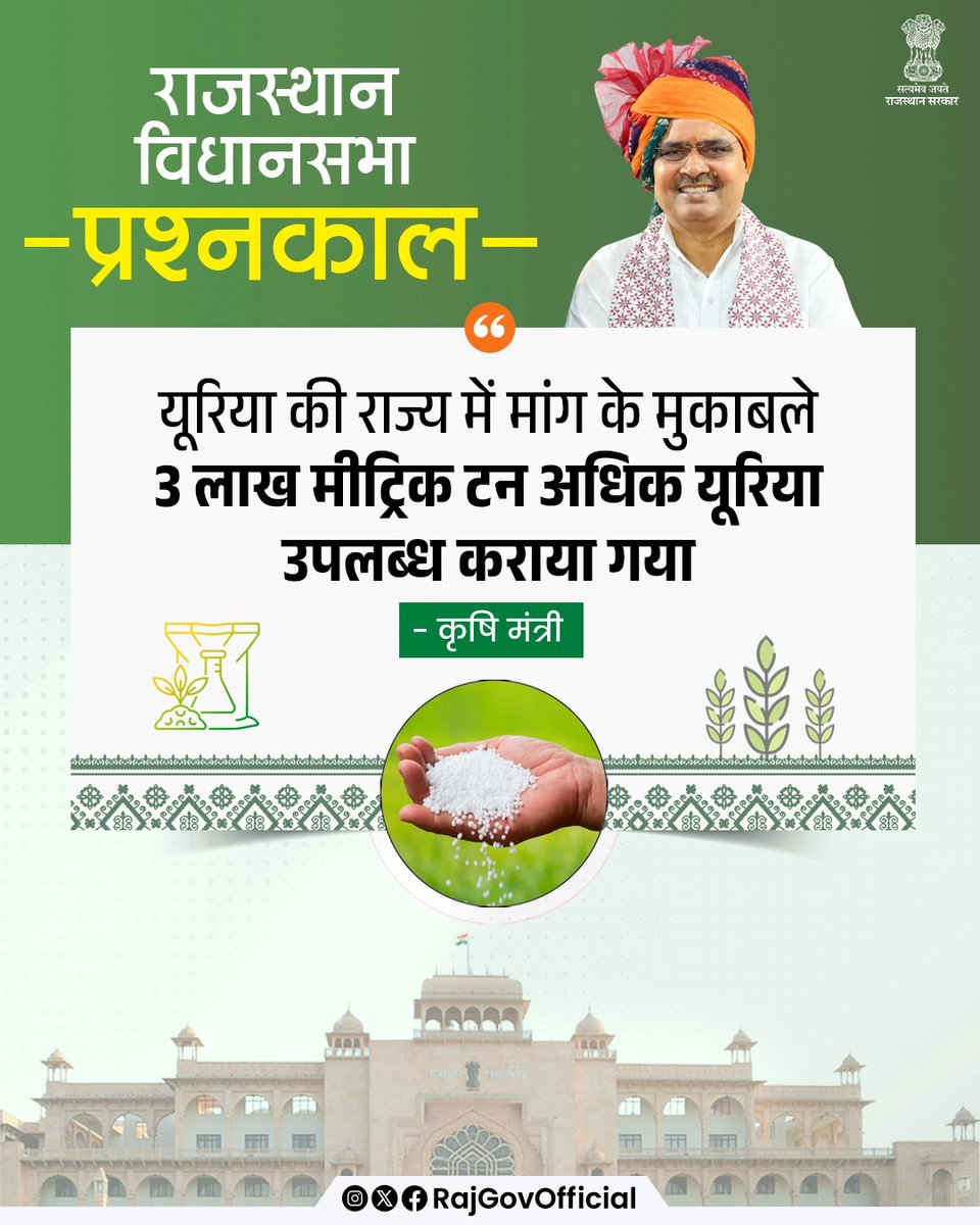 कृषि मंत्री डॉ. किरोड़ीलाल मीणा ने विधानसभा में, प्रश्नकाल के दौरान पूछे गए पूरक प्रश्नों का जवाब देते हुए कहा कि, प्रदेश में किसानों को मांग के अनुरूप पर्याप्त मात्रा में खाद एवं बीज उपलब्ध कराए जा रहे हैं। वितरण तथा गुणवत्ता से संबंधित शिकायत प्राप्त होने पर विभाग द्वारा,