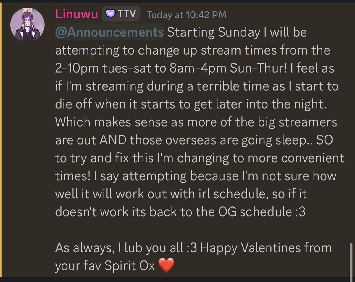 New stream starting times! I’m going to be trying for 8am-4pm EST Sun-Thurs for a bit to see how well it works in both streaming and irl conveniences! 

Lub u all!! 💜💜