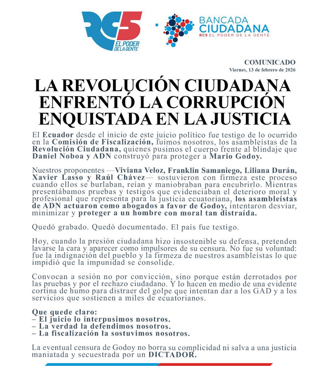 #NoboaEsGodoy 
La eventual censura de #MarioGodoy no borra su complicidad ni salva a una justicia maniatada y secuestrada por un DICTADOR.