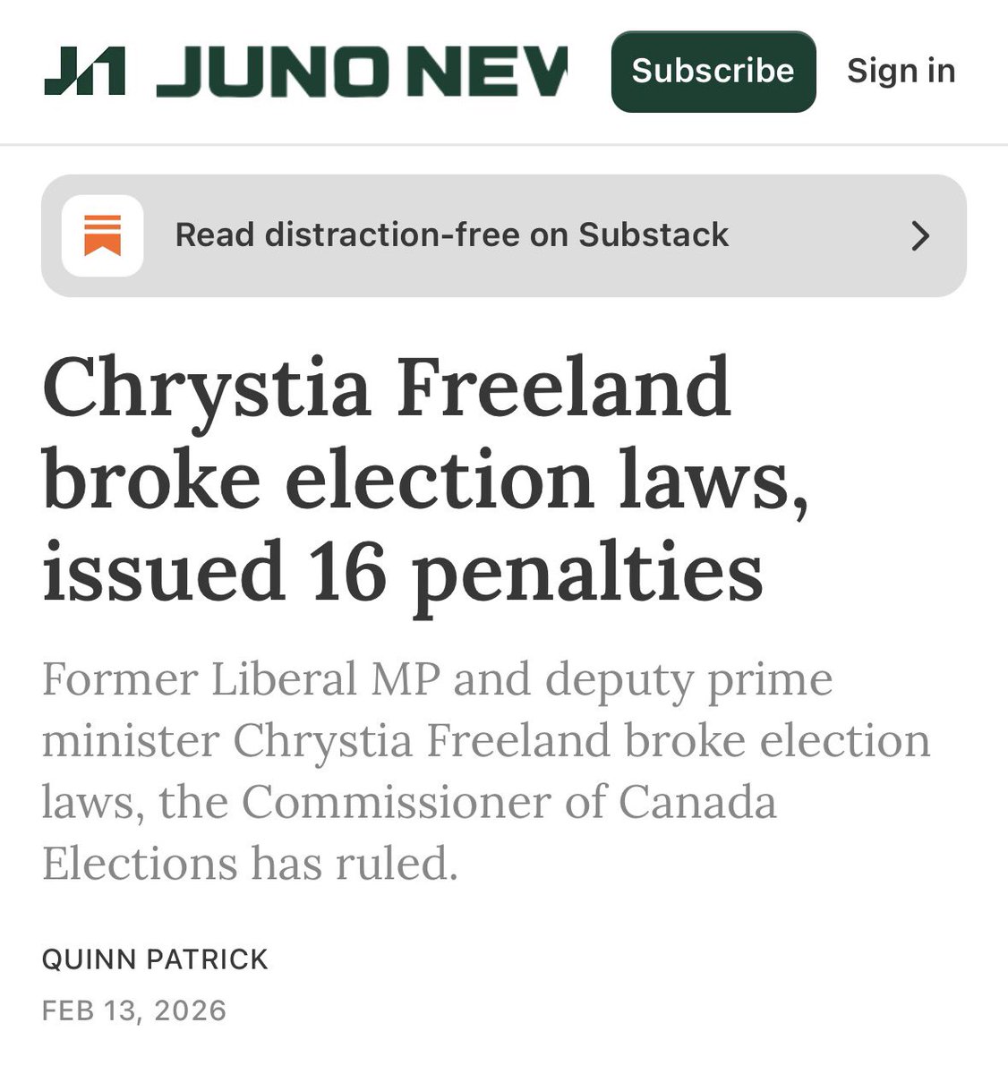 Freeland broke elections laws. 

Who is surprised?