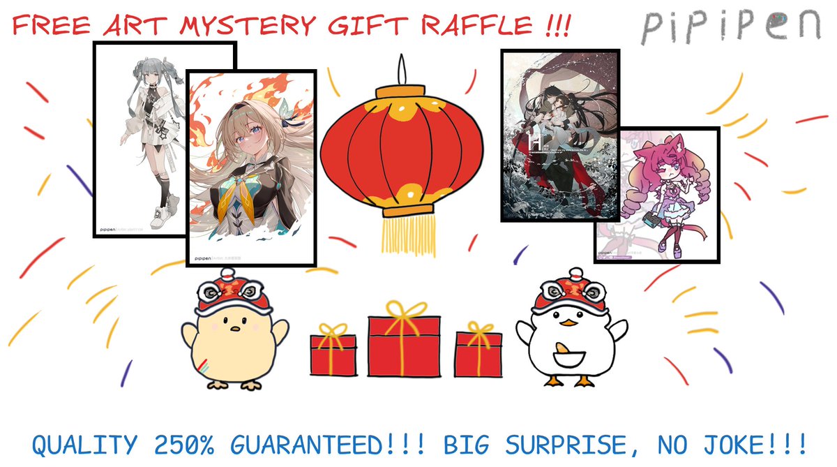 ◤￣￣￣￣￣￣￣￣￣￣￣￣￣￣￣￣￣￣￣￣
✨Unlimited Free Art MYSTERY GIFT Raffle #3  
＿＿＿＿＿＿＿＿＿＿＿＿＿＿＿＿＿＿＿＿◢

🎉How to Enter:
· Follow  ✅
· Like &amp; Retweet 🔁
· Share your OC in comments (optional)

👀Rules &amp; Bonus:
· 1 winner will be drawn at 100 entries