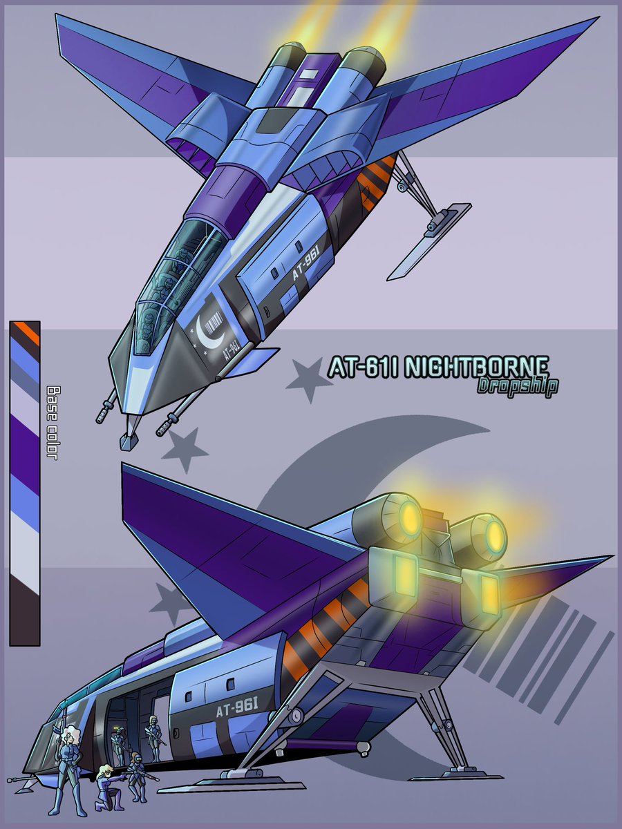 Also introducing, the AT-61 Nightborne dropship!
The platform is used for rapid transport of Royal Guard troops anywhere they might be needed
The platform is designed with other variants in mind making it incredibly versatile and able to fill other roles
Art by <a href="/DevilLustArt/">DevilLustArt🔞(Comms Open)</a> !