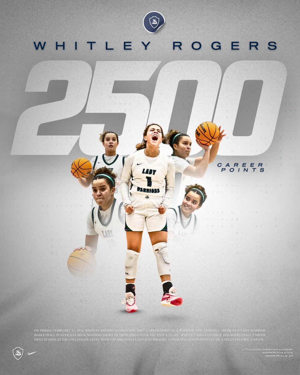 Congratulations to <a href="/whitleyrogers_1/">Whitley Rogers</a> on reaching 2,500 career points at Little Rock Christian Academy! An incredible accomplishment that reflects years of hard work, dedication, and leadership on the court. We are so proud of you!