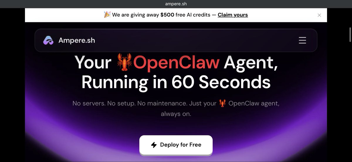 Self-hosting an AI agent sounds cool…
until it actually breaks 😅

Docker issues.
Cron fails.
Browser crashes.

That’s why Ampere.sh feels refreshing.

It’s basically Vercel for AI agents⚡

What stood out immediately 👇

→ Free hosting + one-click setup
No Node.