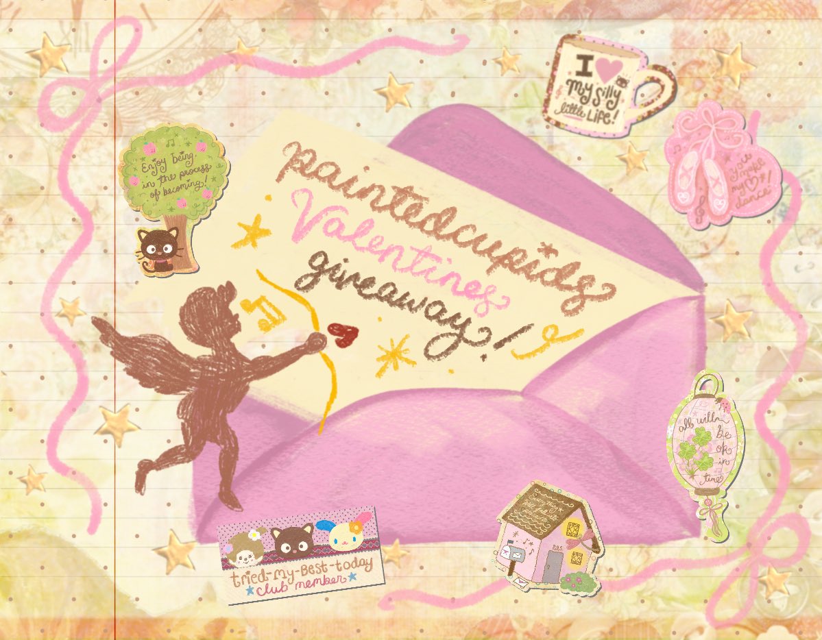 paintedcupids valentine giveaway . . .  💌
🍧 1 button pin + 4 stickers + 3 art prints = 143 i love you !!! 🏩🍐📮

⭐️ 1 winner each for local ph and ww  
(must be willing to pay for sf 🙈)

how to join !
follow <a href="/paintedcupids/">ri ˚⊹ 𝄞 ♪ 🩰🪷</a> in both x and ig
💐 will announce winners on the 19th