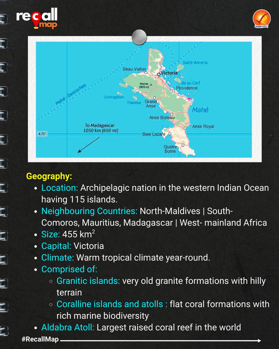 VajiramRavi's tweet photo. #RecallMap : Swipe to read about Seychelles and its significance for India.
#Seychelles #IndiaSeychelles #IndianOcean #EconomicPartnership #IndiaDiplomacy #InternationalRelations #India #Diplomacy #SESEL #Grants #Development https://t.co/lp1tFVdpDZ