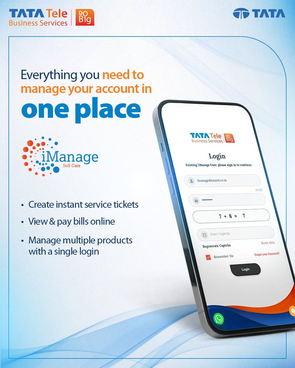 TataTeleBiz's tweet photo. iManage allows you to stay updated with your services, manage tickets, and handle billing effortlessly.

#SeamlessSupport #iManage https://t.co/YPI2klCWm7
