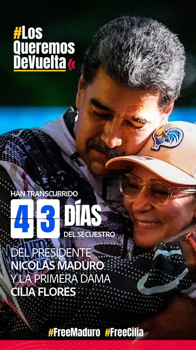 🗓 Sábado 14/02/2026.

📌 Han transcurrido 43 Días desde su secuestro.

El gobierno de los Estados Unidos, mantienen secuestrado al presidente legítimo de Venezuela Nicolás Maduro y la primera dama Cilia Flores.

#LosQueremosDeVuelta 
#BringThemBack